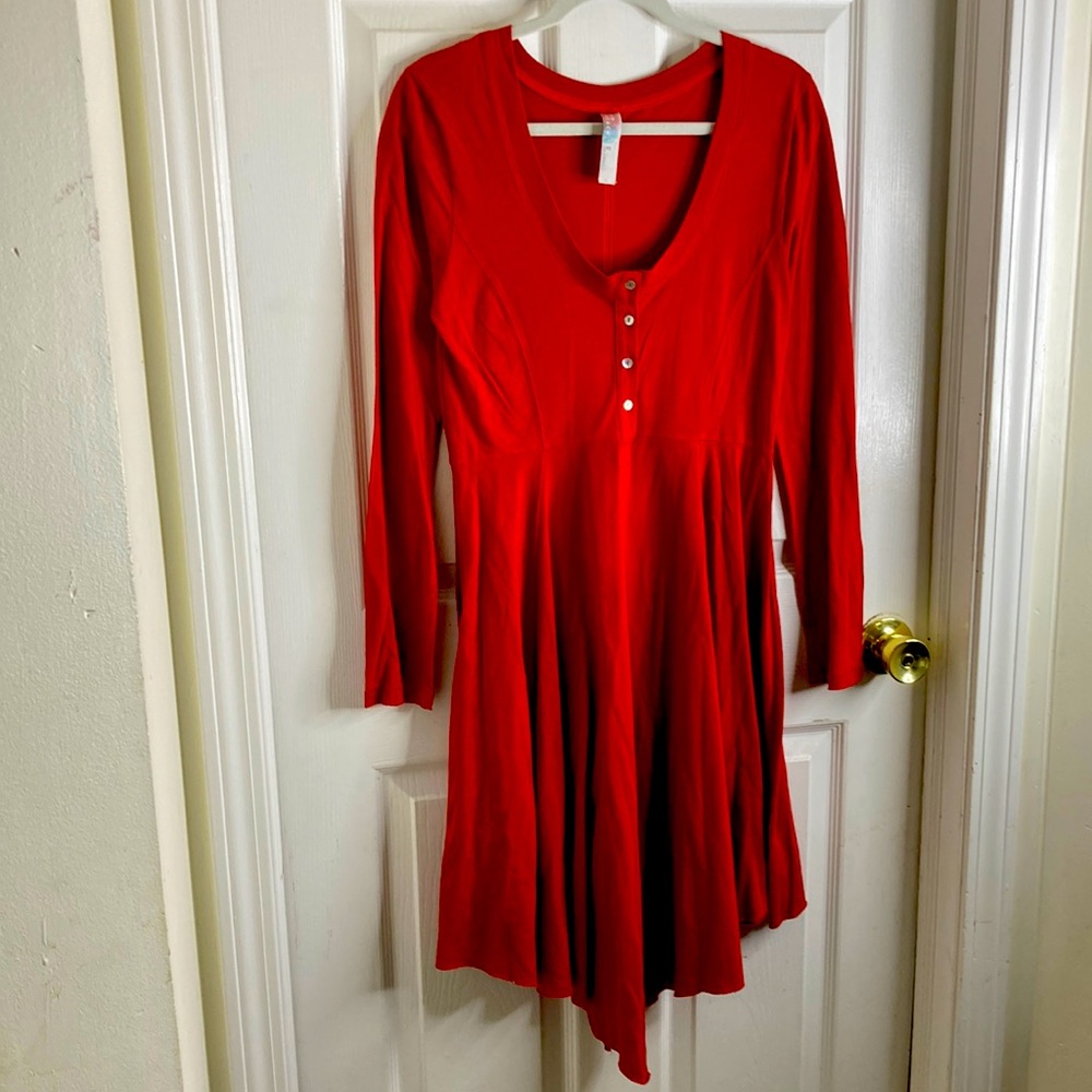 Free People Beach Burnt Orange Deep Crew neck wide skirt Dress Long Sleeve Sz M